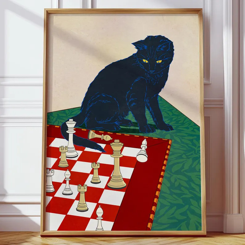 Vintage Style Black Cat Chess Art Poster – Playful Digital Artwork Printable With Mischievous C... | Etsy (US)