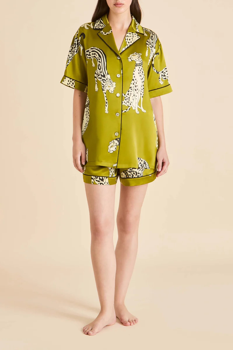 Ingo Chanson Green Leopard Pajamas in Silk Satin | Olivia von Halle