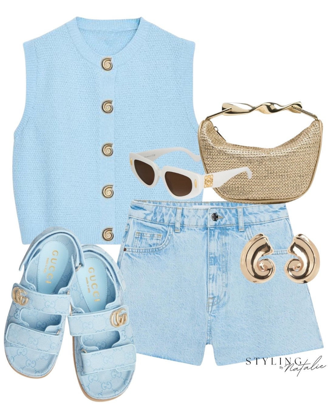 Blue outfit🦋💙🩵
Gold button blue knit waistcoat, denim shorts, Gucci marmont  dad sandals, gold raffia bag, gold swirl earrings & Loewe sunglasses. 
Summer outfit, Zara, casual, day outfit, holiday look

#LTKstyletip #LTKuk #LTKsummer