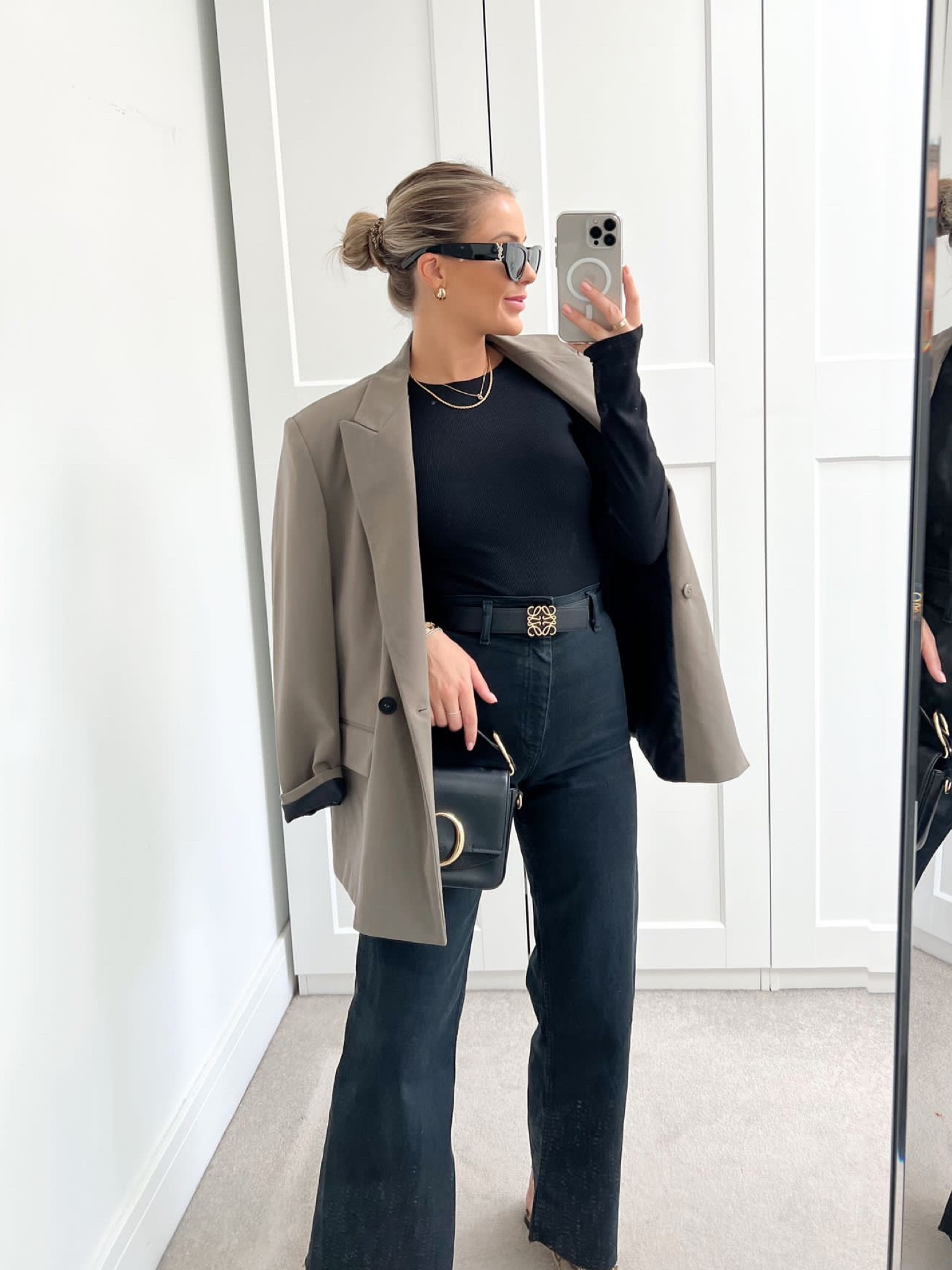 Autumn neutral ootd - khaki blazer from Zara, black wide leg jeans from Zara, black ysl sunnies, black Chloe mini c bag, gold buckle Loewe belt & gold jewellery  

#LTKstyletip #LTKSeasonal #LTKeurope