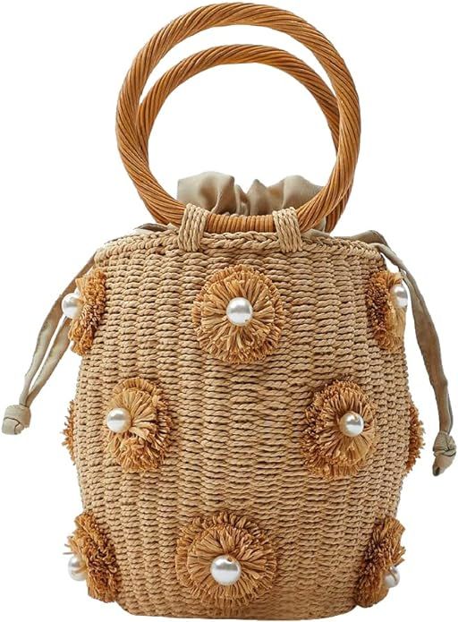 Flower Pearls Rattan Tote Bag Summer Beach Drawstring Straw Bucket Bag Diamonds Woven Handbag | Amazon (US)