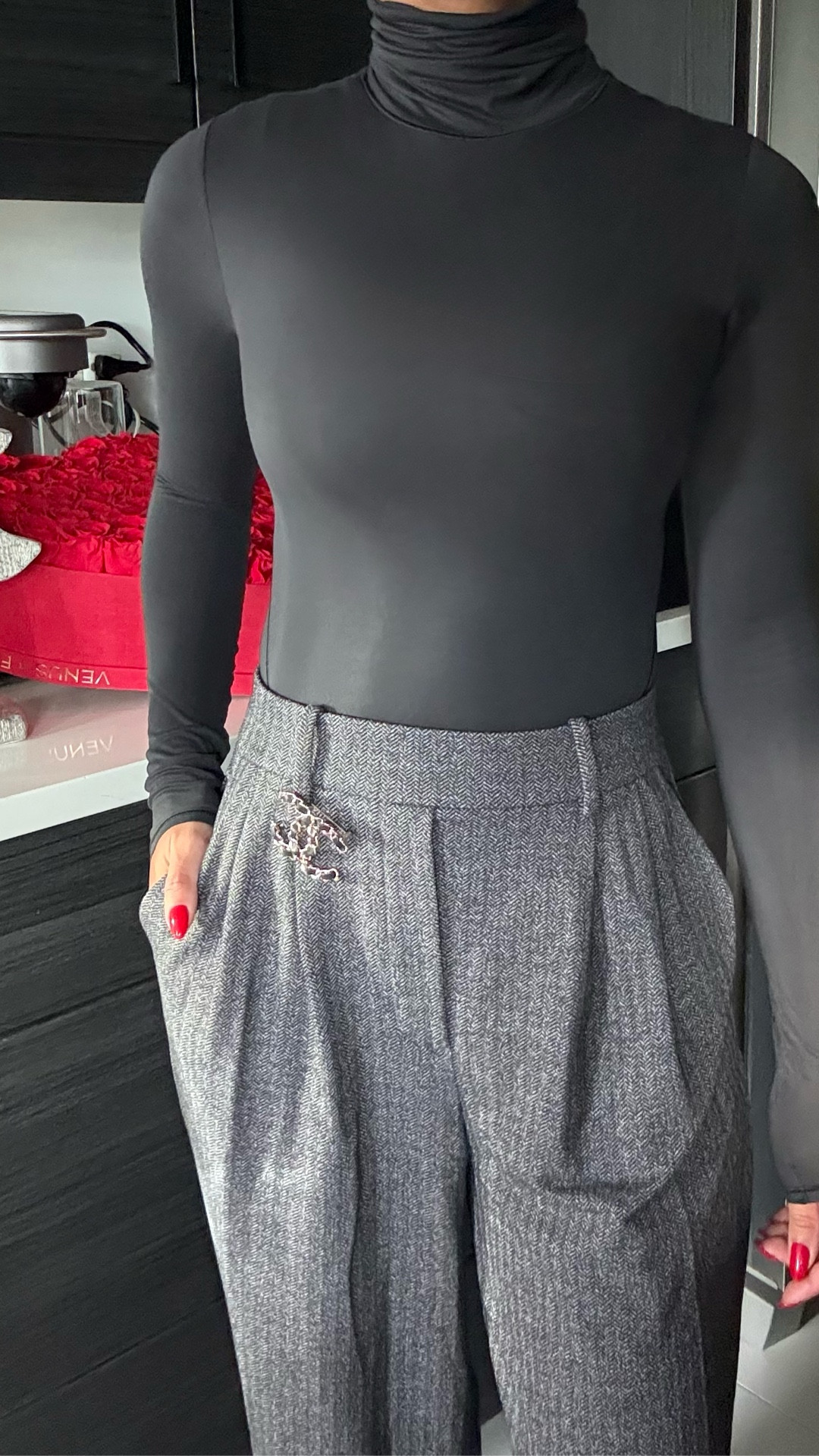 wundermost turtleneck bodysuit, daydrift wide leg trouser, herringbone, holiday party outfit, chanel brooch, lululemon. 

#LTKSeasonal #LTKPetite #LTKHoliday