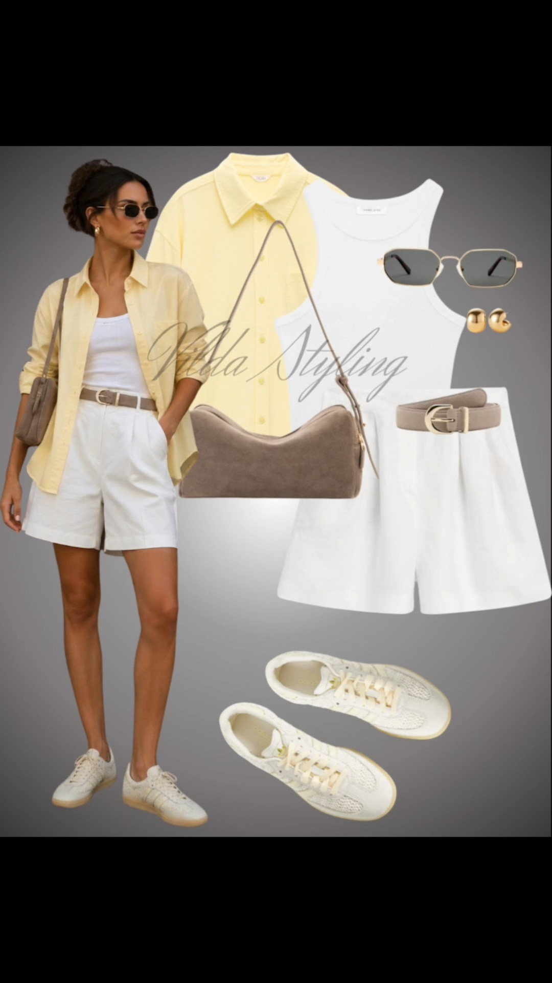 ☀️Summer Uniform on Repeat: Pale Yellow & White ☀️
Keeping it cool and classic for the warm days ahead. This outfit is all about easy, understated summer style. I love layering a soft pale yellow shirt over a simple white tank to add just a touch of color without being overwhelming. Paired with crisp white high-waisted shorts, it’s a timeless combination. 🤍
To make it effortless, I’m sticking to chic, practical accessories:
 A classic beige suede shoulder bag for that touch of texture and hands-free ease.
 Gold accents like these sculptural hoop earrings.
 My go-to sunglasses to finish the look.
 The essential: comfy white mesh-panel sneakers for running around town.
#summerstyle #ootd #summeroutfit #everydaycasual #ltkfashion #streetstyle #summeruniform #classicstyle #shoppy #villastyling

#LTKsummer #LTKtravel #LTKstyletip