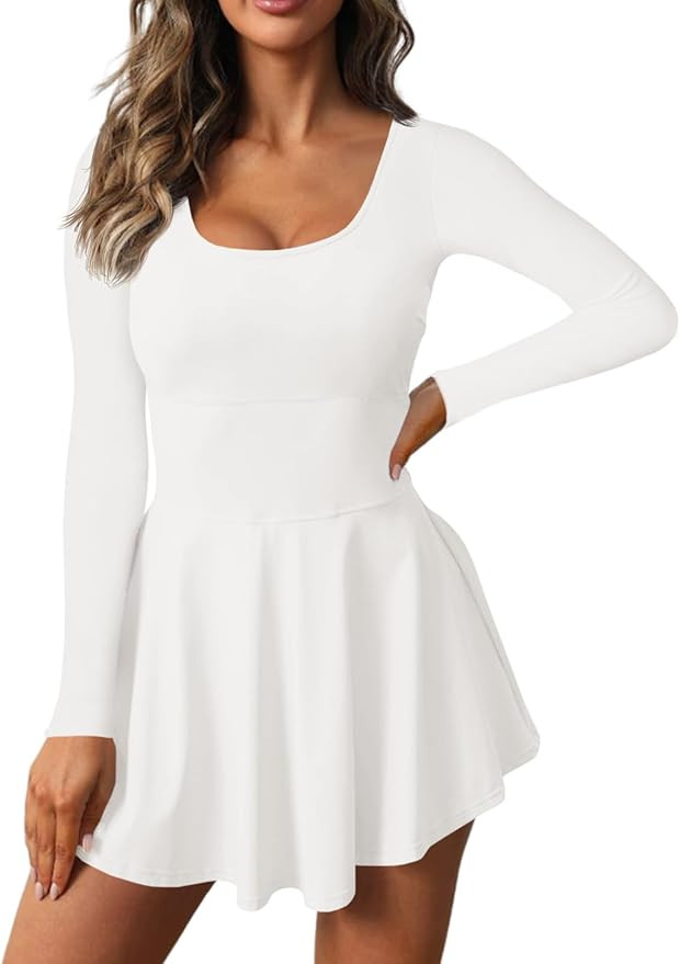 Fisoew Womens 2-in-1 Athletic Tennis Golf Dress Long Sleeve Underneath Workout Active Dresses wit... | Amazon (US)