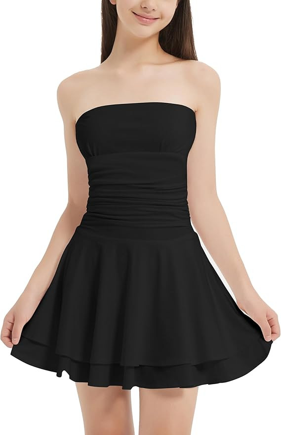 EXARUS Girls Dress Padded Long Sleeve/Strapless Ruffle Hem Teen Flowy Ruched A-Line Mini Dresses ... | Amazon (US)