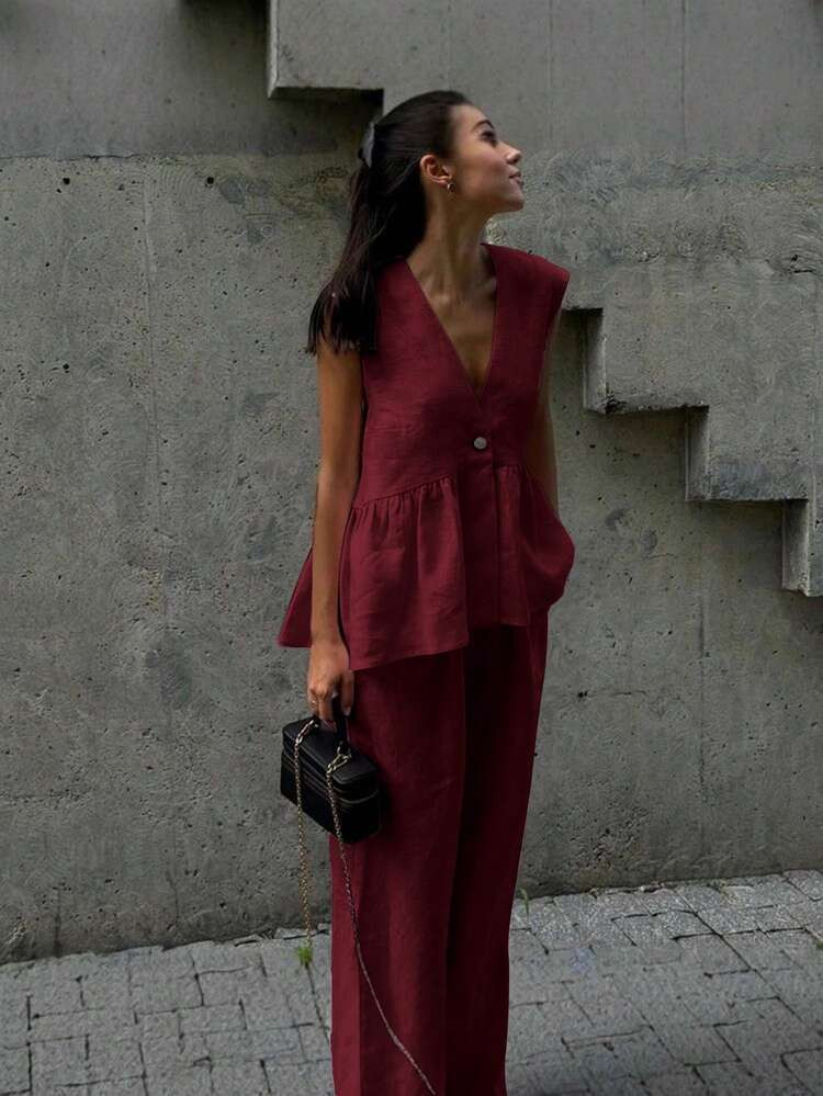 2pcs Plus Size Women Linen Casual Suit Set, Suitable For Business Casual, Concerts, Daily Wear, Spring/Summer/Autumn | SHEIN