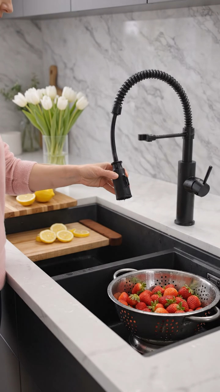 Mid-morning reset 🍓  

This is why I love a true kitchen workstation setup — everything happens in one place. From rinsing strawberries to quick prep, the built-in ledge and accessories make it feel effortless and contained.  

Paired with a semi-pro pull-down faucet, switching from stream to spray is smooth and intuitive… it just works the way you expect it to.  

It’s one of those upgrades you don’t think about at first — but once you have it, your whole kitchen routine feels easier, cleaner, and a little more elevated.  

#workstationsink #kitchenfaucet #pullfaucet #matteblackfaucet #kitchenupgrade #kitchendesign #modernkitchen #kitcheninspo #sinkdesign #homekitchen #dailyritual #homedecor

#LTKHome #LTKFestival
