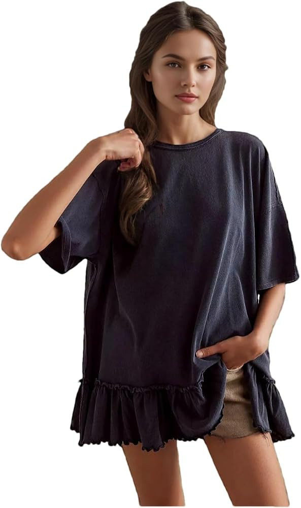 Womens Oversized Tee Shirt Casual Short Sleeve Ruffle Hem Shirts Loose Crew Neck Summer Tops | Amazon (US)