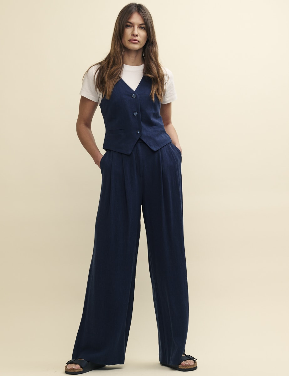 Navy Linen-blend Relaxed Tailored Trousers | Nobody's Child