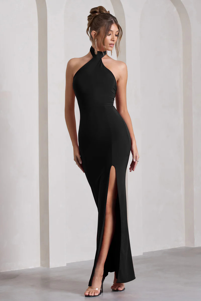 Pamela | Black Halter-Neck Sleeveless Split Maxi Dress | Club L London
