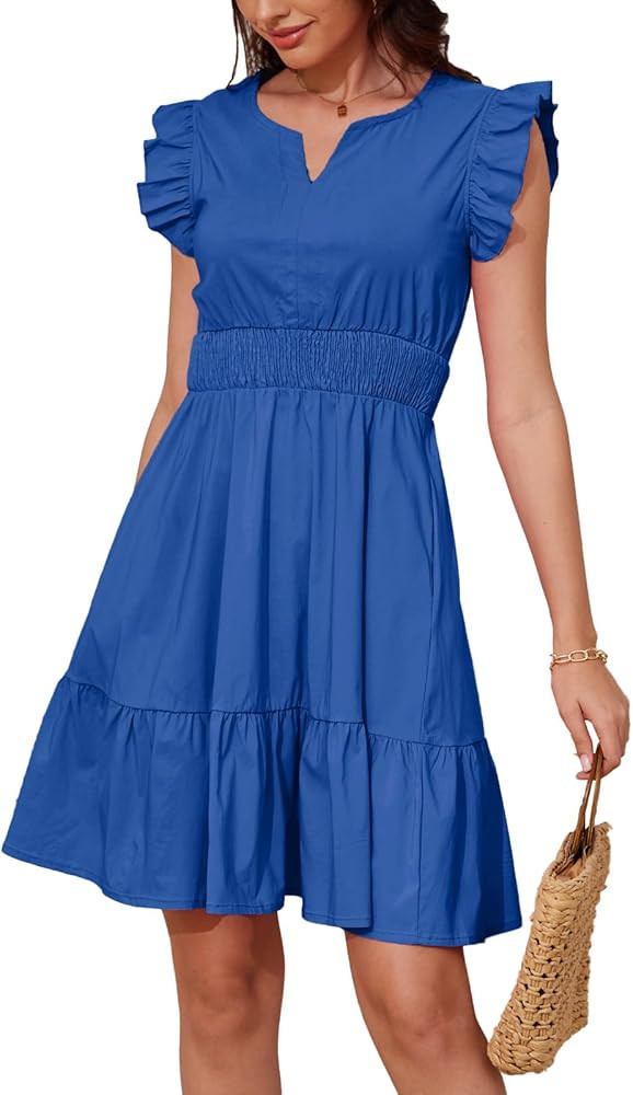 Jayscreate Women's Ruffle Sleeve Layered Dress Pockets Elastic Waist 2025 V Neck Above Knee Summe... | Amazon (US)