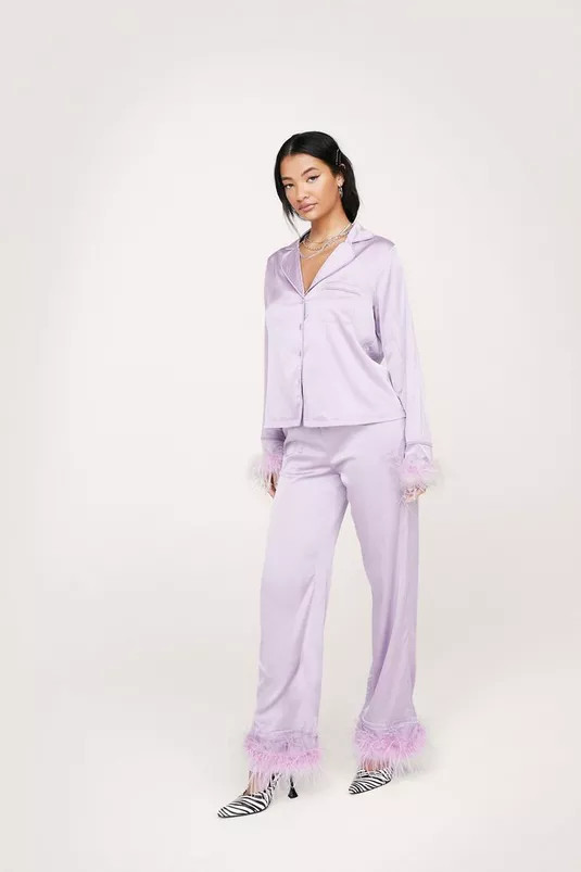 Satin Feather Pajama Shirt and Pants Set | Nasty Gal (US)