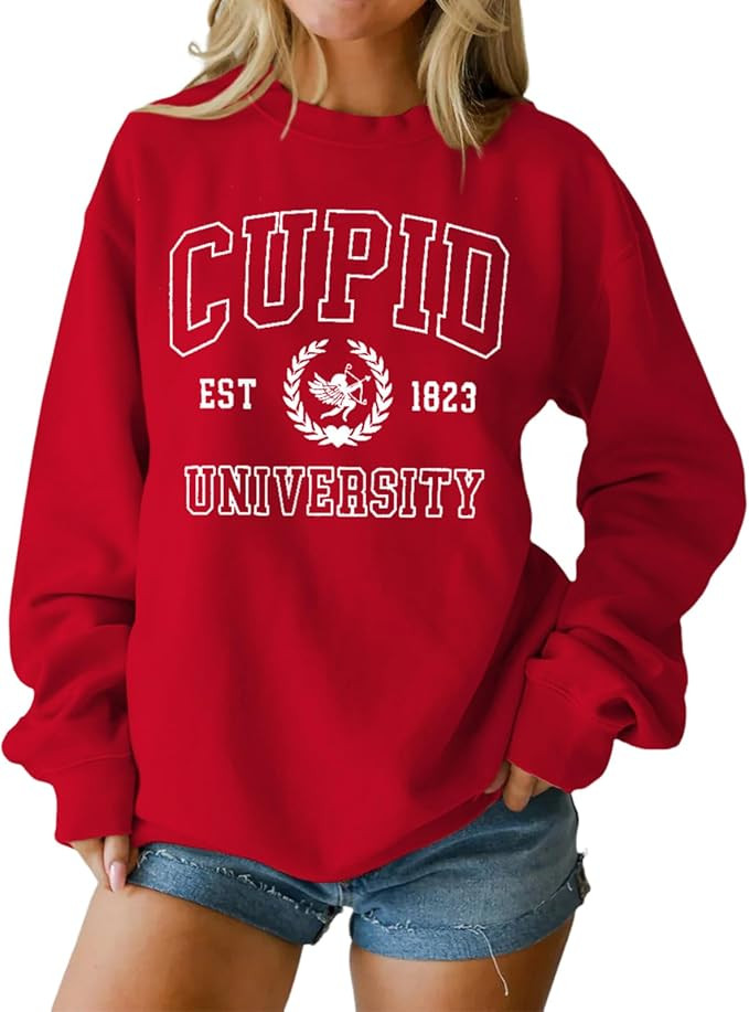 Women Valentine's Day Sweatshirt Retro Cupid University Love Graphic Sweater Shirts Crewneck Over... | Amazon (US)