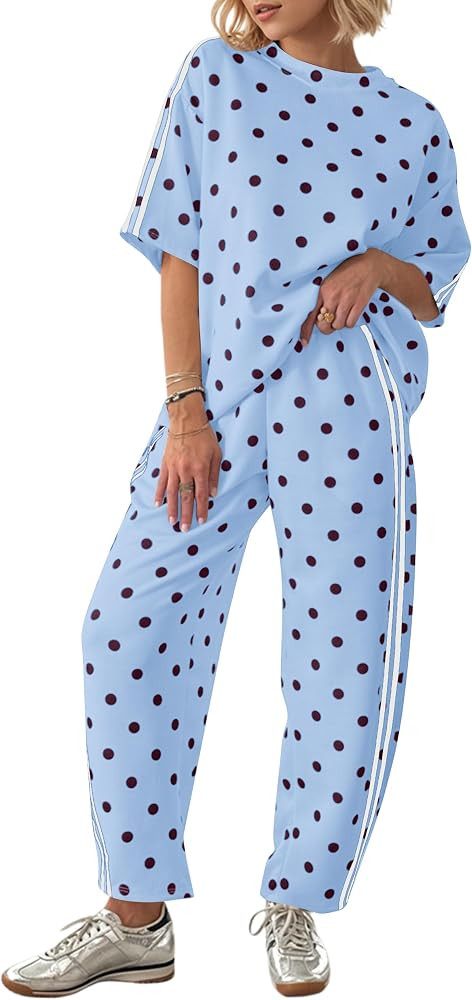 MSBESYOR Women 2 Piece Lounge Sets Airport Travel Polka Dot Set Short Sleeve Tshirts Side Striped... | Amazon (US)