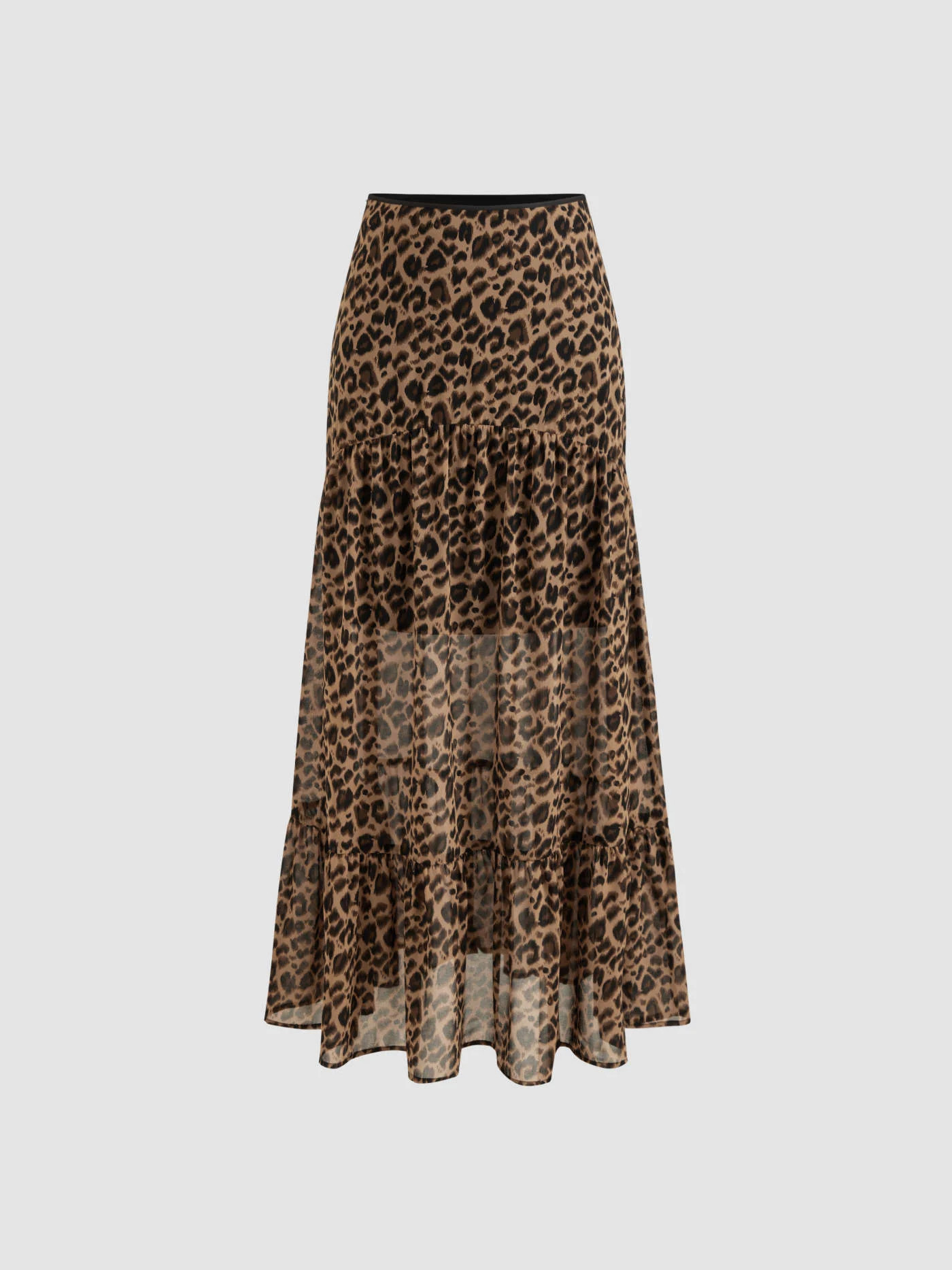 Mid Rise Chiffon Leopard Ruffle Maxi Skirt | Cider