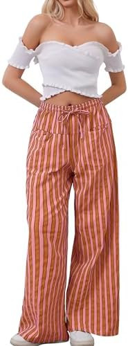AIHUKOCY Women Drawstring Stripe Wide Leg Casual Trousers Striped Low Rise Casual Loose Lounge Pa... | Amazon (US)