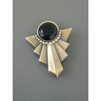 Vintage Art Deco Brass Brooch With Black Glass Stone | Etsy (US)