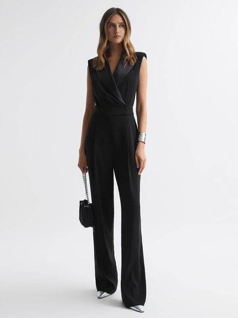 Reiss Black Saskia Satin Lapel Jumpsuit | Reiss US