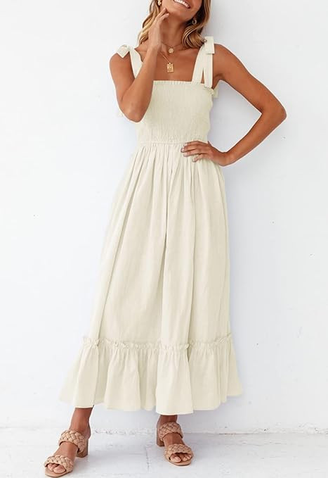 ZESICA Women's Summer Boho Spaghetti Strap Square Neck Solid Color Ruffle A Line Beach Long Maxi ... | Amazon (US)