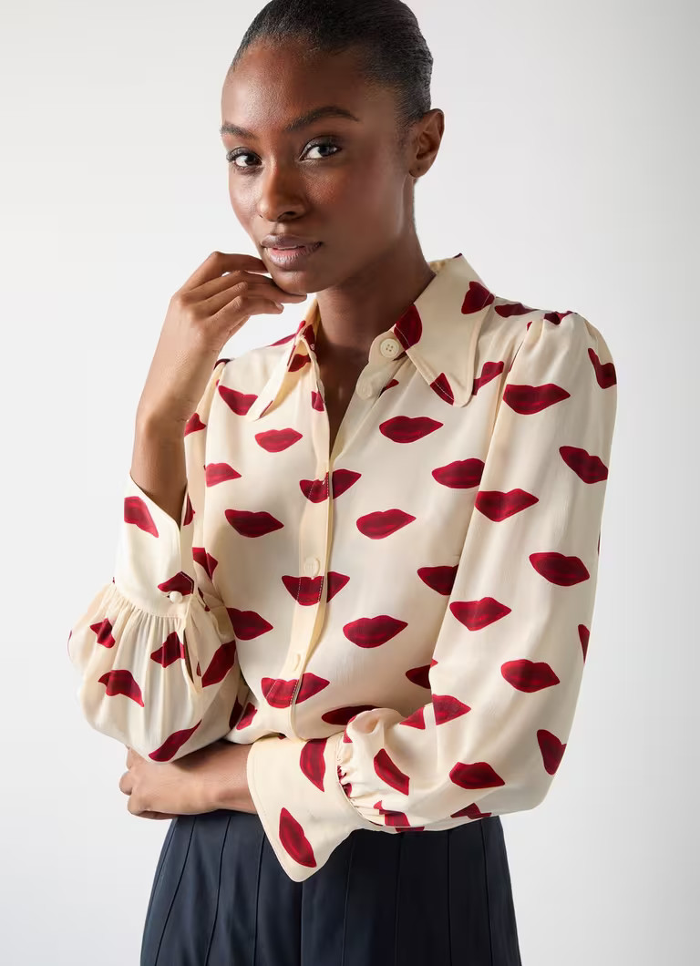 Sonya Red Silk Lips Print Silk Blouse | L.K. Bennett (UK)