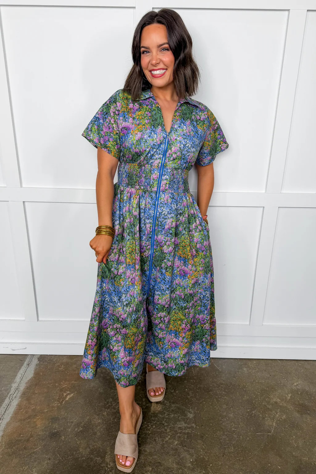 Best Selling Krissy Zip-Up Midi Dress in Monet | Jules & James Boutique