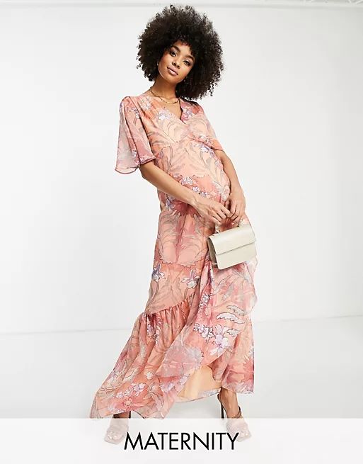Hope & Ivy Maternity wrap maxi tea dress in coral floral | ASOS (Global)