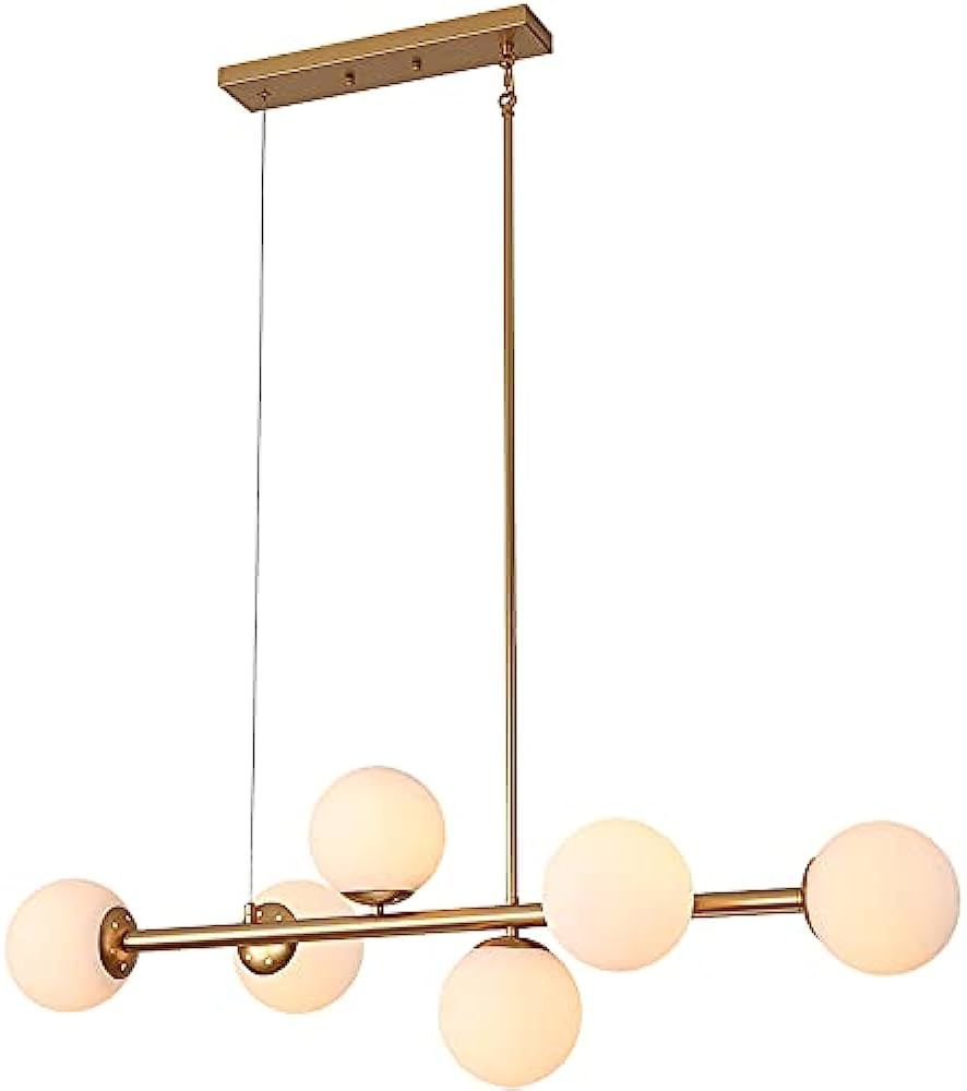 MEIXISUE Gold Modern Chandelier Island Light Fixtures,6-Lights Milk Glass Globes Linear Hanging P... | Amazon (US)
