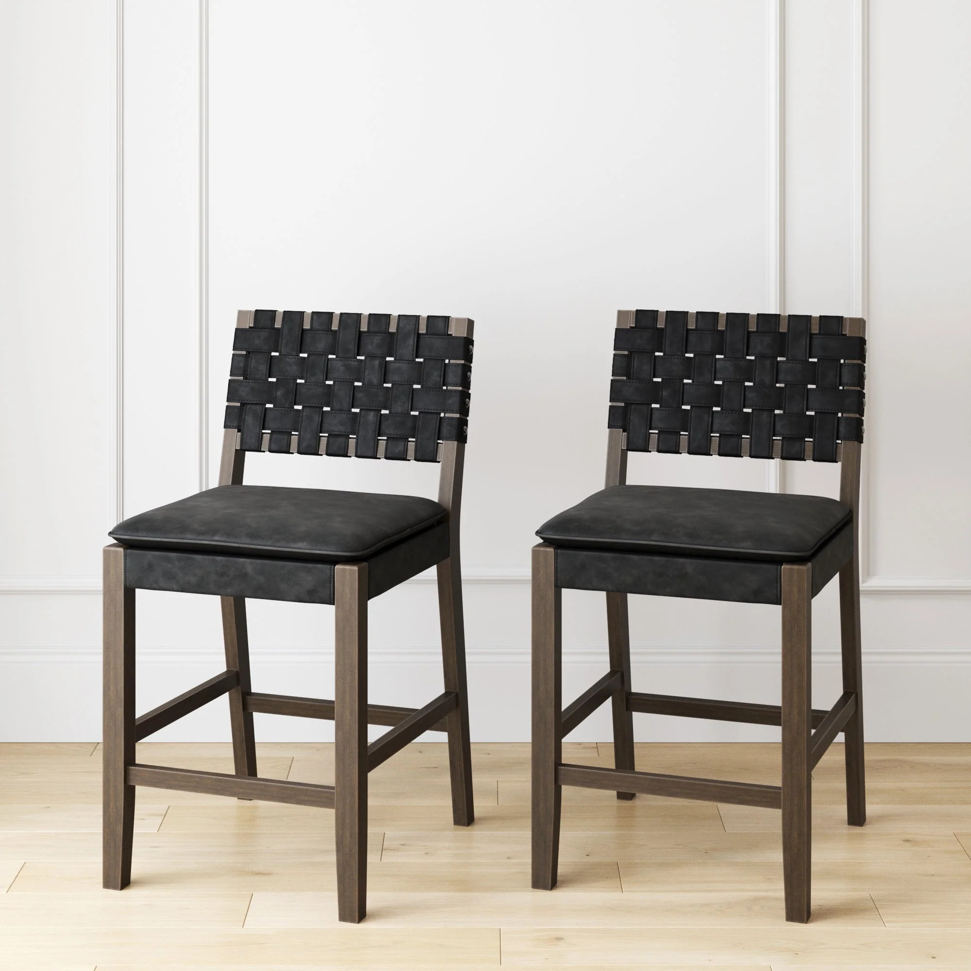 Faux Leather Woven Counter Height Bar Stools Black (Set of 2) | Nathan James