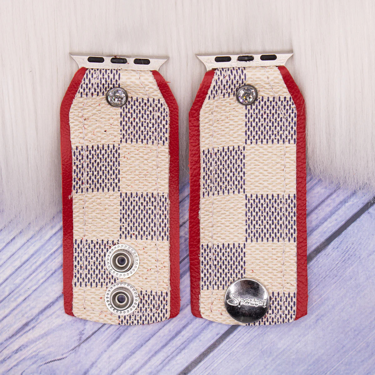 Ready to Ship - Upcycled LV Damier Azur with Brick Red Watchband (XS/S, Apple Watch 38/40/41mm) | Sparkl