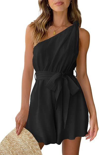 AUTOMET Womens One Shoulder Sleeveless Rompers Jumpsuits Shorts Tie Front Jumpers With Pockets Su... | Amazon (US)