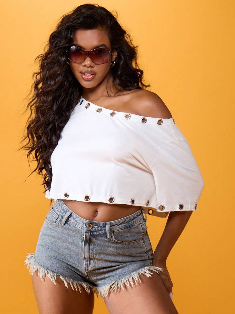 MISSGUIDED Off Shoulder Cropped T-Shirt Eyelet Detail Festival Summer Casual Party Cotton Blend Short Sleeve Fashion Top | SHEIN