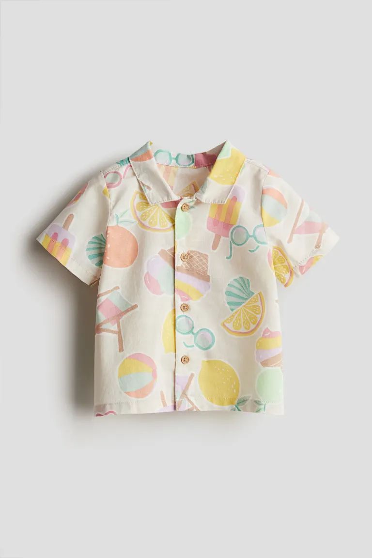 Short-sleeved Cotton Shirt - Short sleeve - Regular length - Light beige/patterned - Kids | H&M U... | H&M (US + CA)