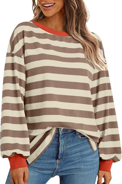 AUTOMET Oversized Tshirts for Women Striped Long Sleeve Cotton Trendy Tops 2024 Loose Fit Tee Shi... | Amazon (US)