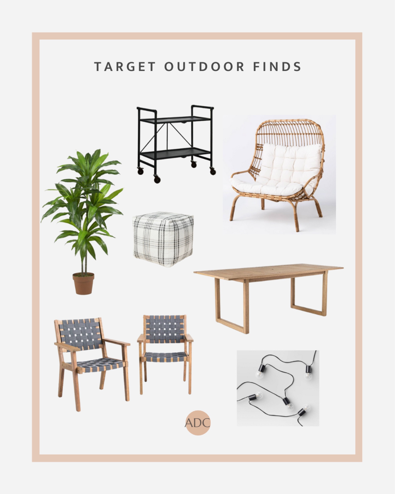 Outdoor patio furniture. Outdoor patio decor items. 

Bar cart. Plaid ottoman. Outdoor table. Accent chair. String lights. Fake plant. Wood chairs. Studio McGee chairs  

#LTKhome #LTKstyletip #LTKSeasonal