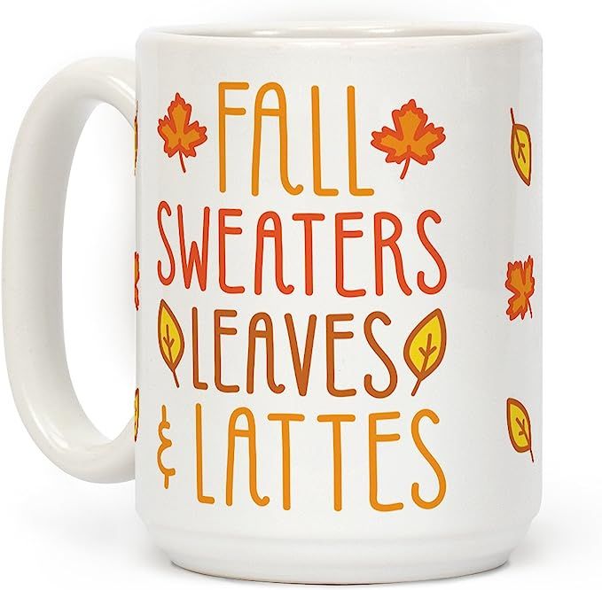 LookHUMAN Fall Sweaters Leaves & Lattes White 15 Ounce Ceramic Coffee Mug | Amazon (US)