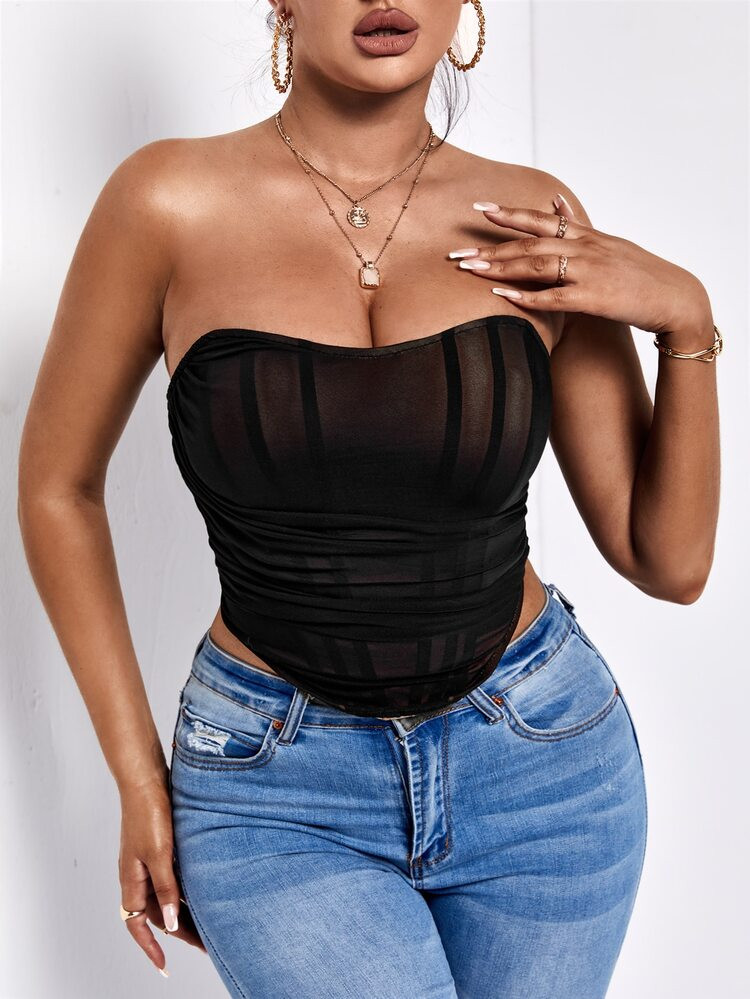 SHEIN Zipper Back Asymmetrical Hem Mesh Tube Top | SHEIN