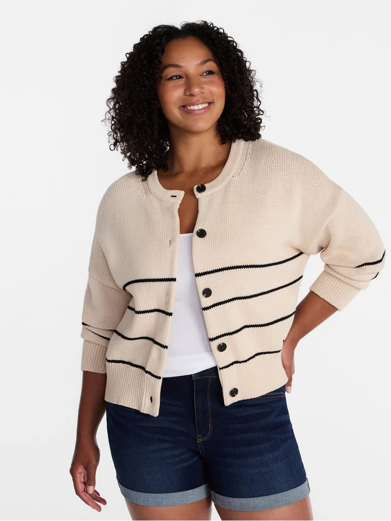 Time and Tru Women's Striped Cardigan Sweater with Long Sleeves, Sizes XS-XXXL | Walmart (US)