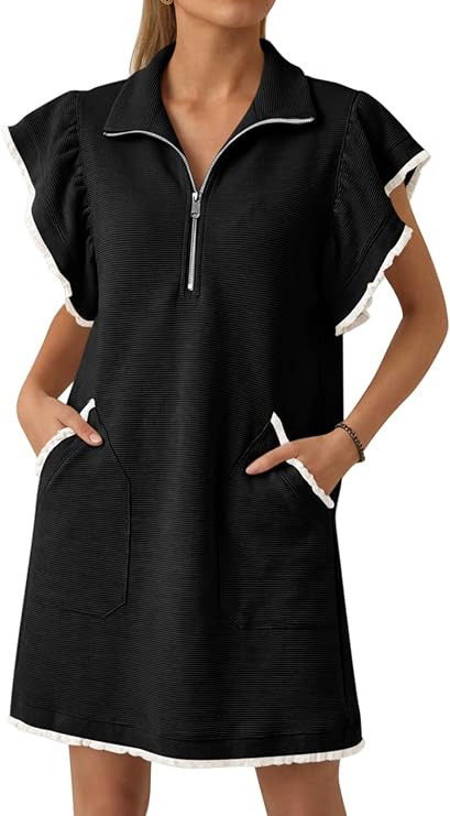 Cicy Bell Womens Ruffle Cap Sleeve Sweatshirt Dress Summer Oversized V Neck Quarter Zip Mini Dres... | Amazon (US)