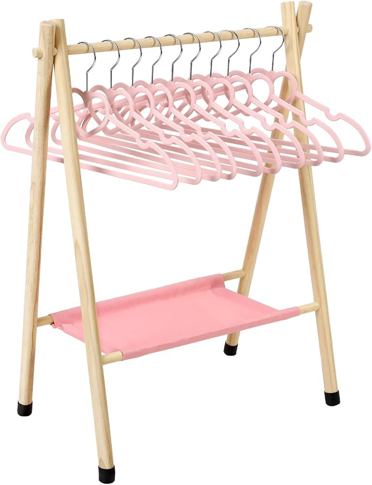Soaoo Pink Kids Clothes Rack with 10 Hanger 29.53 x 20.47 x 11.81 in Wooden Dress up Rack with St... | Amazon (US)