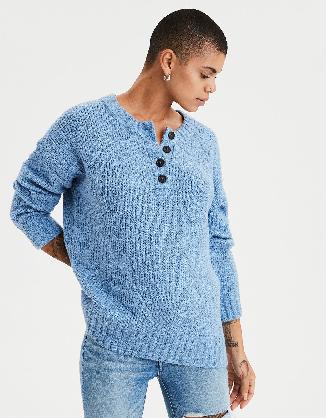AE Henley Pullover Sweater, Blue | American Eagle Outfitters (US & CA)