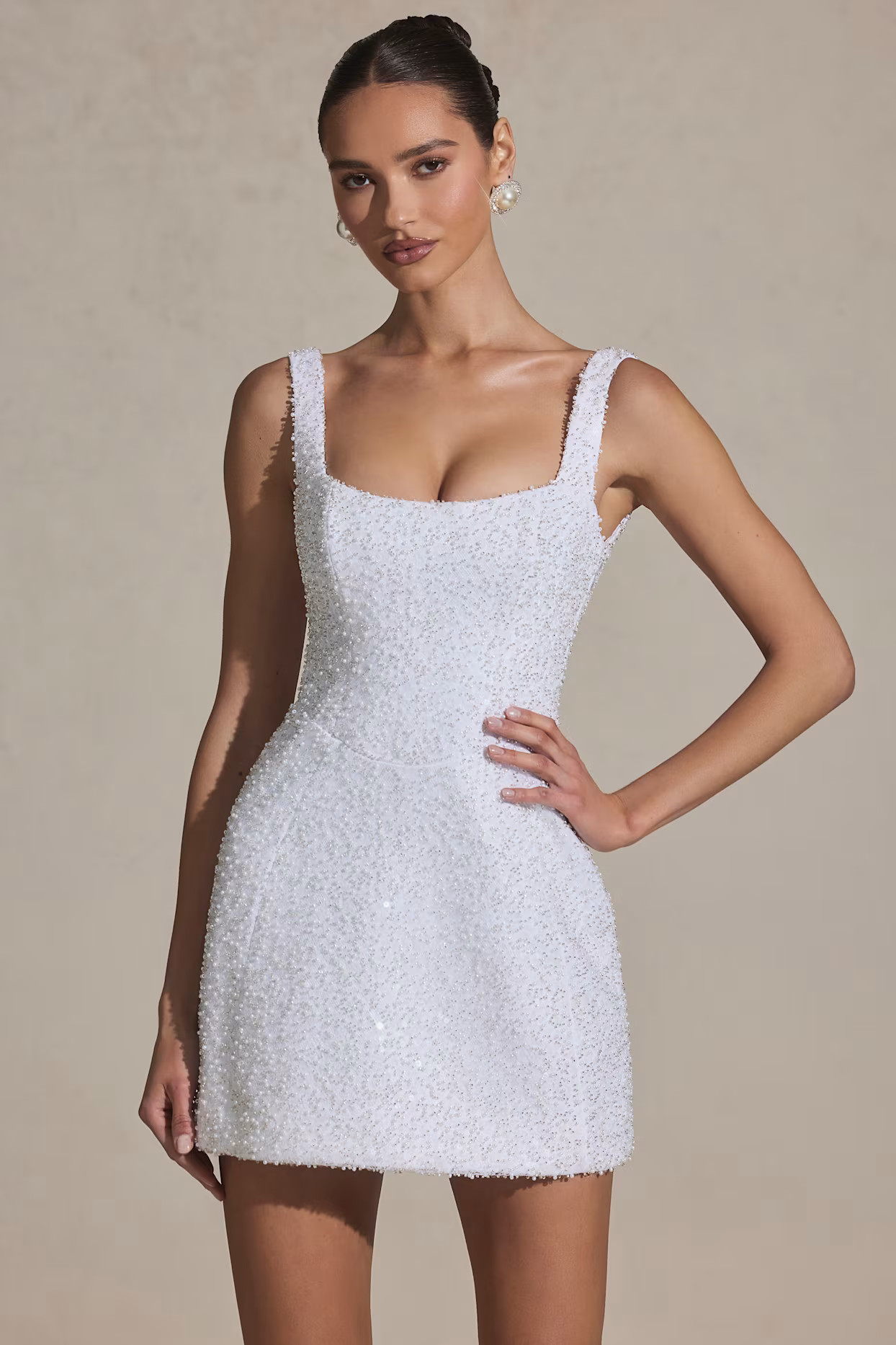 Embellished Structured A-Line Mini Dress in White | Oh Polly