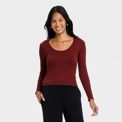 Women's Slim Fit Ribbed Seamless Long Sleeve Top - A New Day™ Maroon L | Target