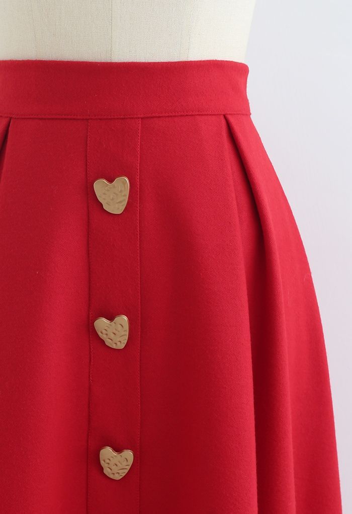 Heart Shape Button Embellished A-Line Midi Skirt in Red | Chicwish