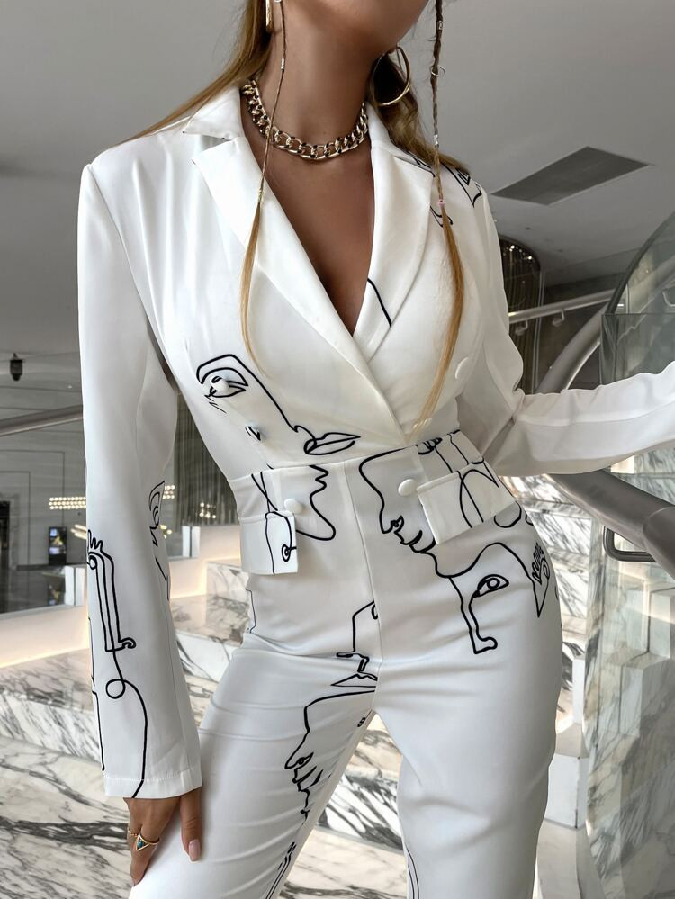 Glamaker Lapel Neck Figure Graphic Jumpsuit | SHEIN