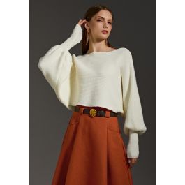 Exaggerated Bubble Sleeve Boat Neck Knit Top in Cream | Chicwish