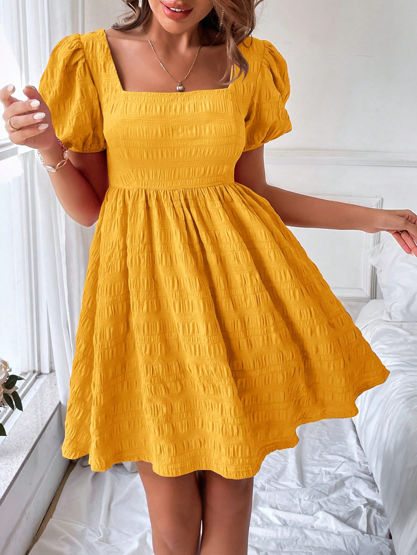 SHEIN VCAY Ladies' Solid Color Square Neck Bubble Sleeve Dress | SHEIN USA | SHEIN