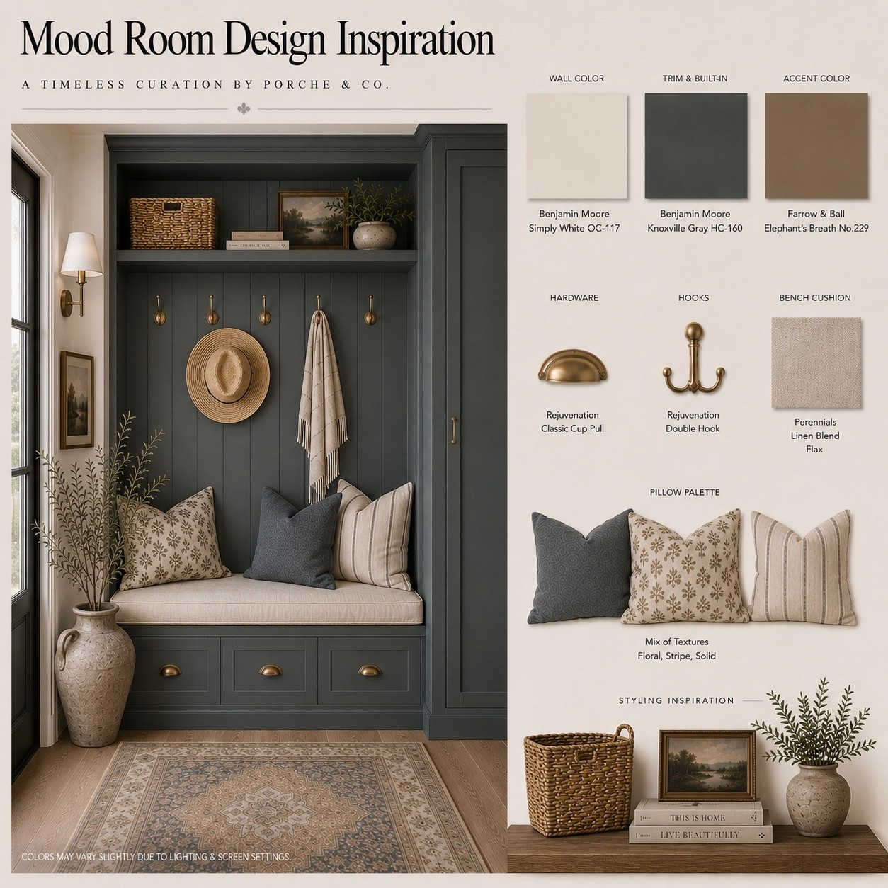 Soft whites, moody blue-gray built-ins, and warm brass accents come together in this timeless mudroom design. ✨

This mudroom features Benjamin Moore Simply White walls, Knoxville Gray built-ins, Elephant’s Breath accents, and thoughtfully layered natural textures to create a welcoming space that blends everyday functionality with classic design.

Featured finishes:

* Benjamin Moore Simply White OC-117 walls
* Benjamin Moore Knoxville Gray HC-160 trim & built-ins
* Farrow & Ball Elephant’s Breath No.229 accent color
* Classic aged brass cup pulls & double wall hooks
* Linen blend bench cushion in Flax
* Layered floral, stripe, and solid performance pillows
* Woven storage basket
* Vintage-inspired area rug
* Warm white oak flooring
* Modern traditional mudroom design
* Neutral mudroom inspiration

A beautifully organized space where timeless finishes, practical storage, and inviting details come together to create an entryway you’ll love coming home to. 🤍

#Mudroom #MudroomDesign #MudroomInspiration #BenjaminMoore #SimplyWhite #KnoxvilleGray #ElephantsBreath #ModernTraditional #NeutralInteriors #BuiltInCabinetry #HomeOrganization #EntrywayDesign #InteriorDesign #BrassHardware #WhiteOakFloors #TimelessDesign #HomeDecor #CustomBuiltIns #PorcheAndCo #LuxuryInteriors #InteriorInspiration #HomeStyling #DreamHome #LTKHome

#LTKHome #LTKvlog #LTKSeasonal