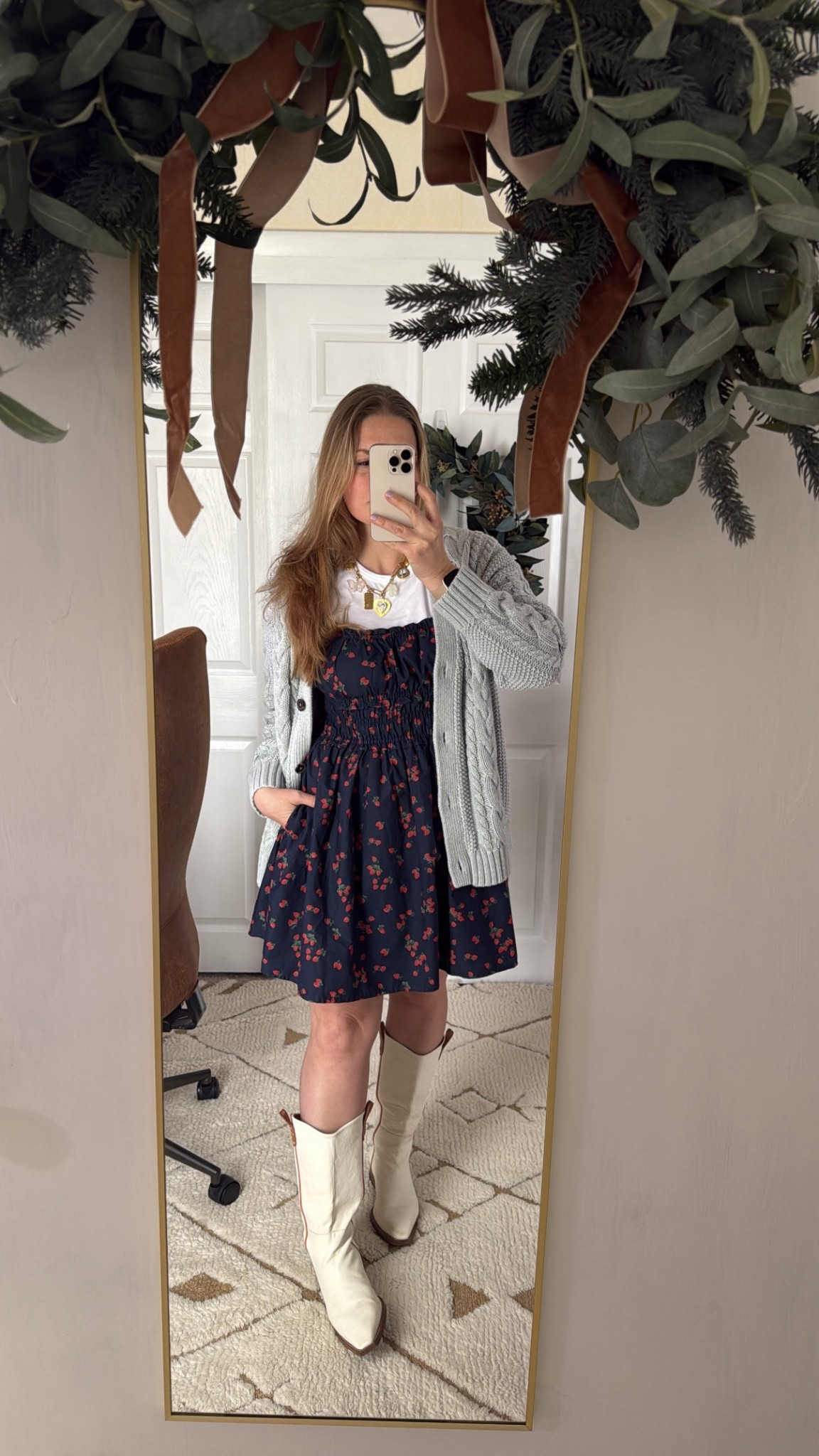 Spring outfit, strawberry dress, cowboy boots, charm necklace, oversized cardigan, cotton cardigan, Cotten sweater, smocked bodice 

#LTKootd #LTKmomlife