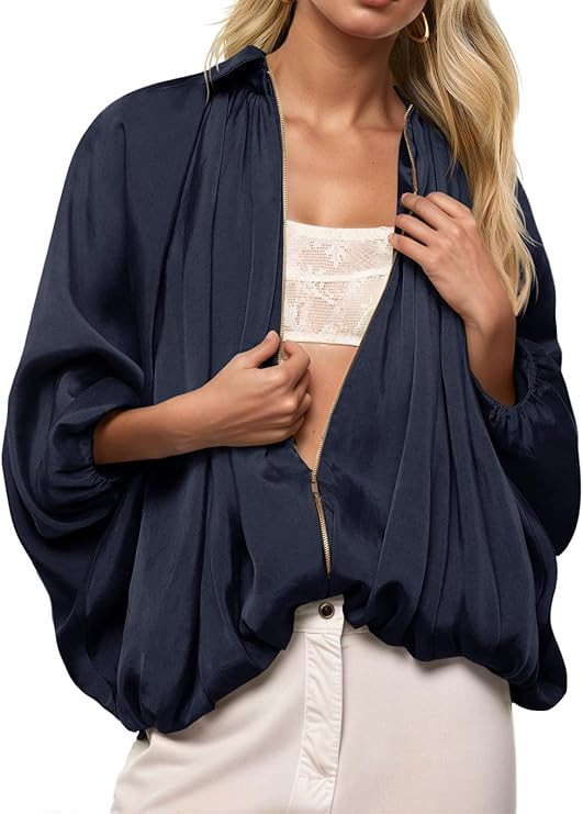 Tankaneo Womens Bomber Jackets Oversized Batwing Sleeve Zip Up Puffed Jacket Lapel Collar Pleated... | Amazon (US)