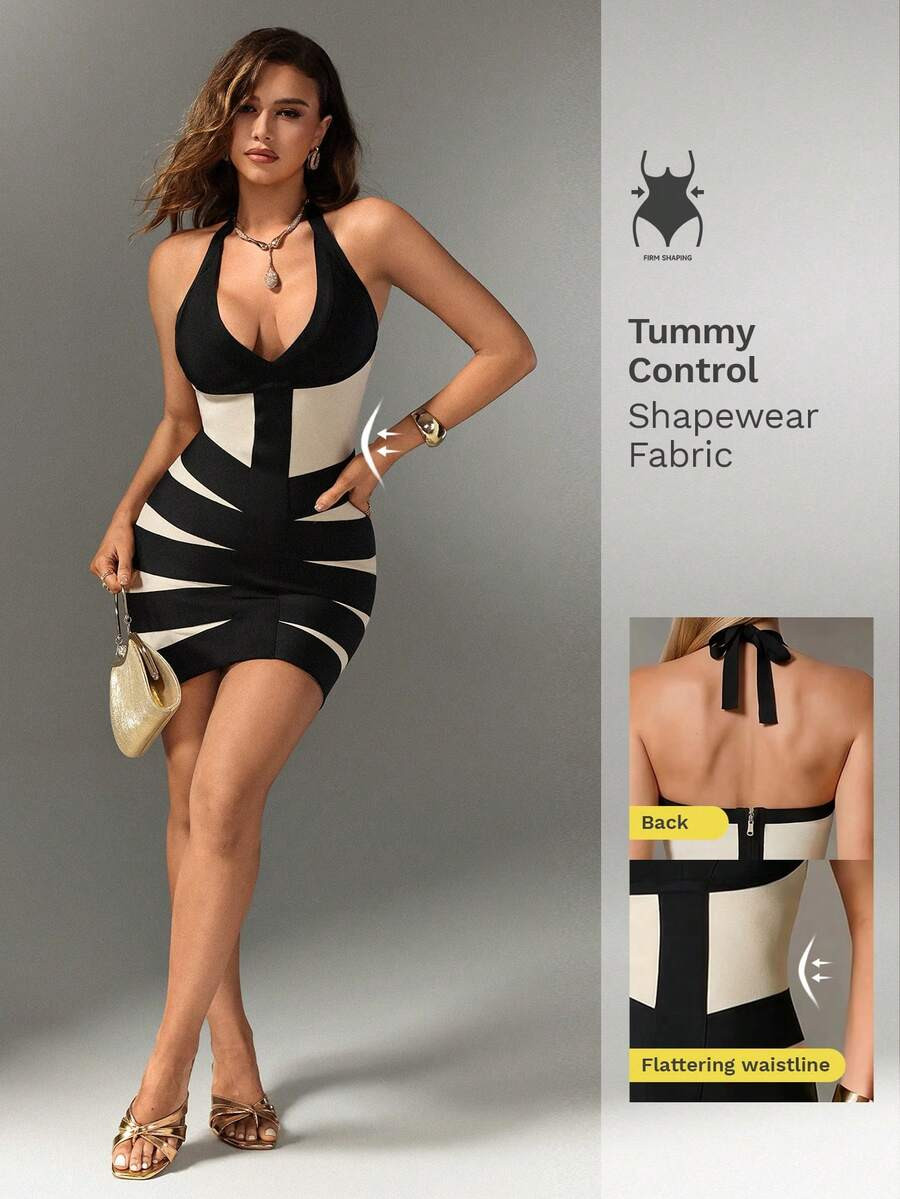 Nuvra Women's Party Night Out Club Night Deep V-Neck Sexy Bandage Backless Halter Neck Visual Pat... | SHEIN